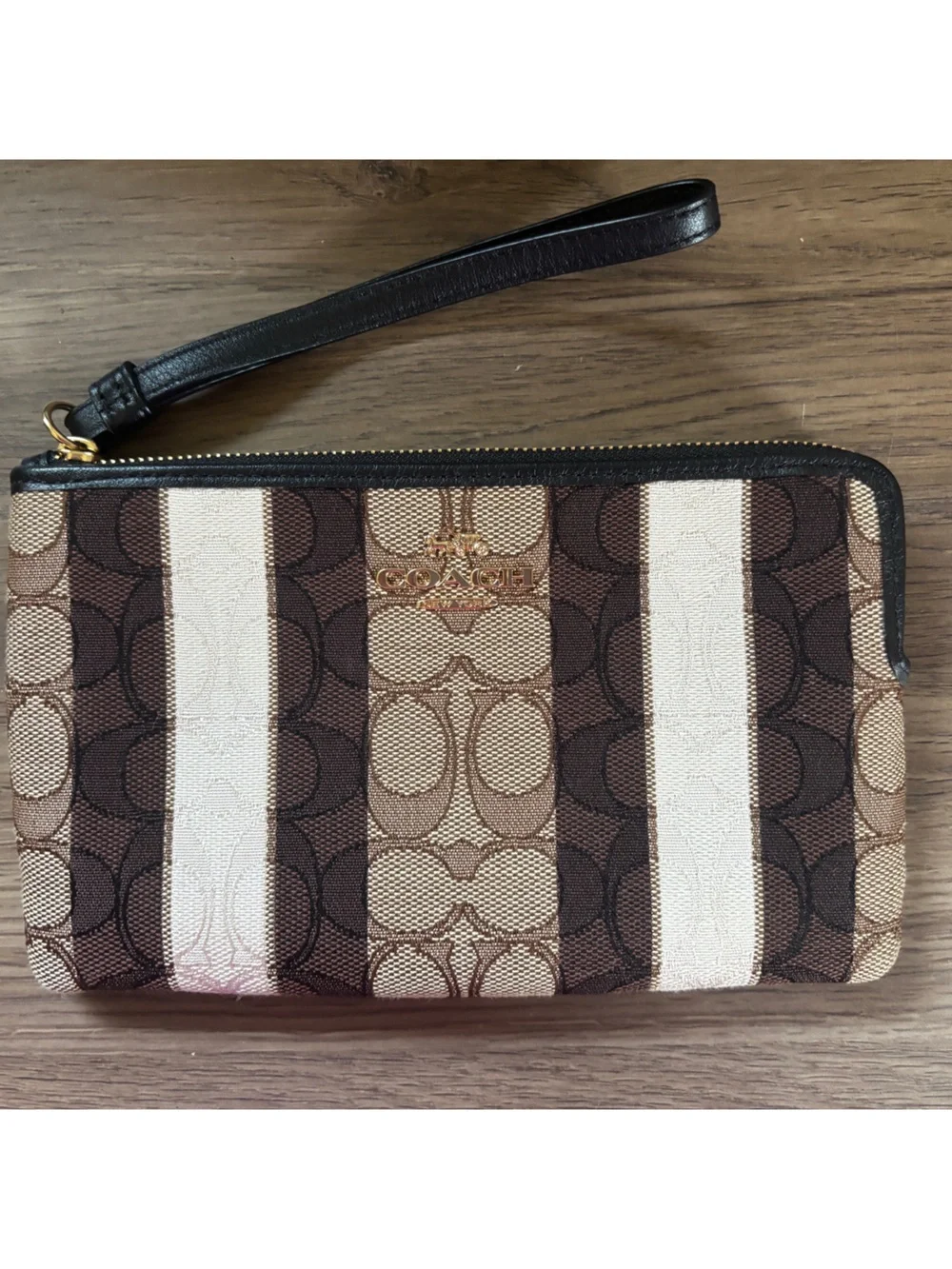 Coach Striped Signature Canvas Wristlet - Brown, Cream & Black